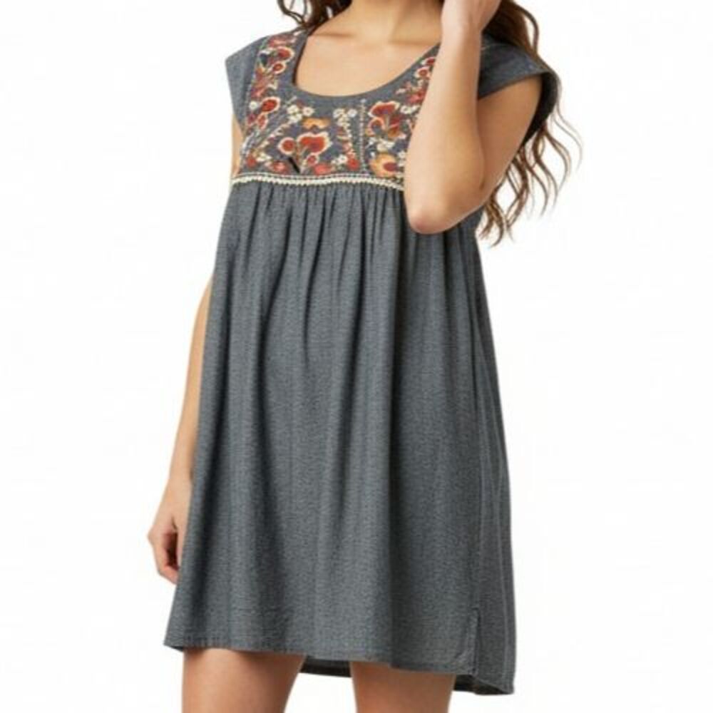 THML Embroidered Mini Baby Doll Dress Women Large Bohemian Peasant Cap Sleeve